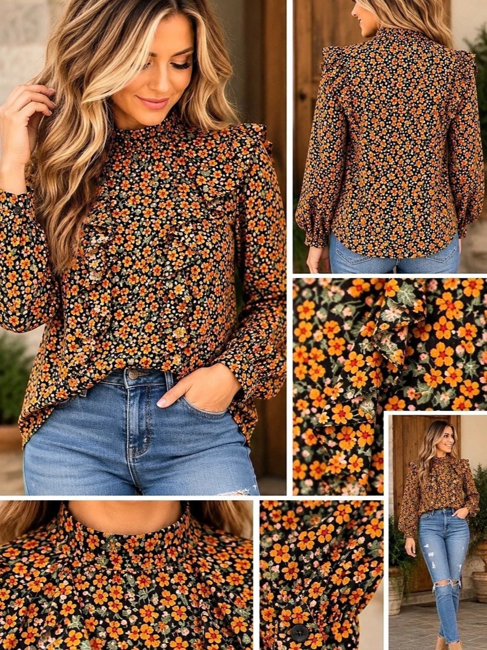 MONKI Floral Blouse in Black & Orange Size XL Like New